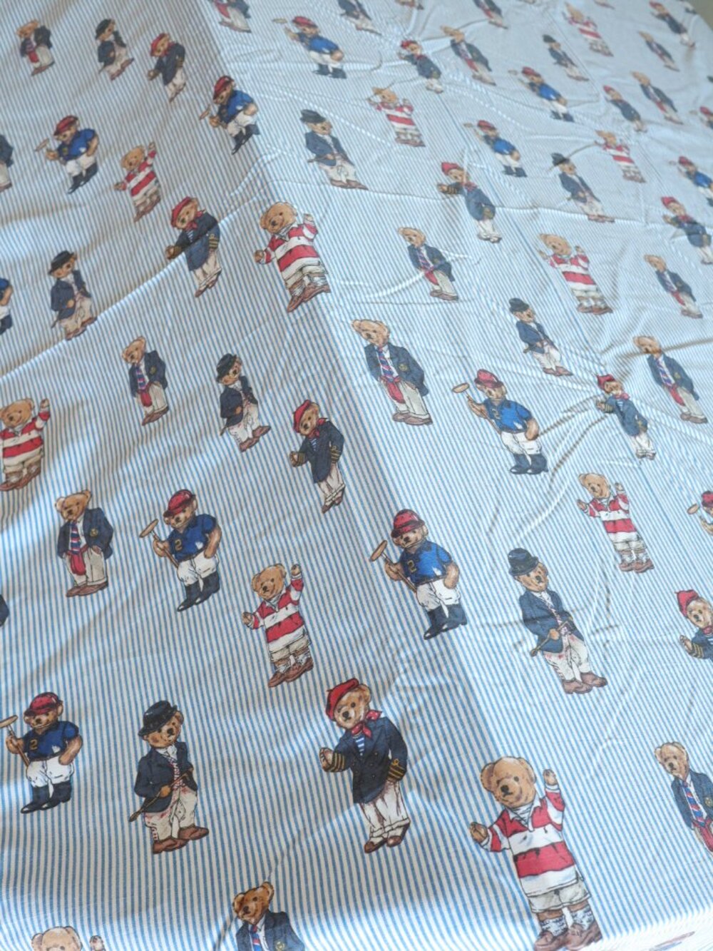 Vintage 90s Ralph Lauren Polo Teddy Bear Blue Striped TWIN Flat sheet + Fitted s